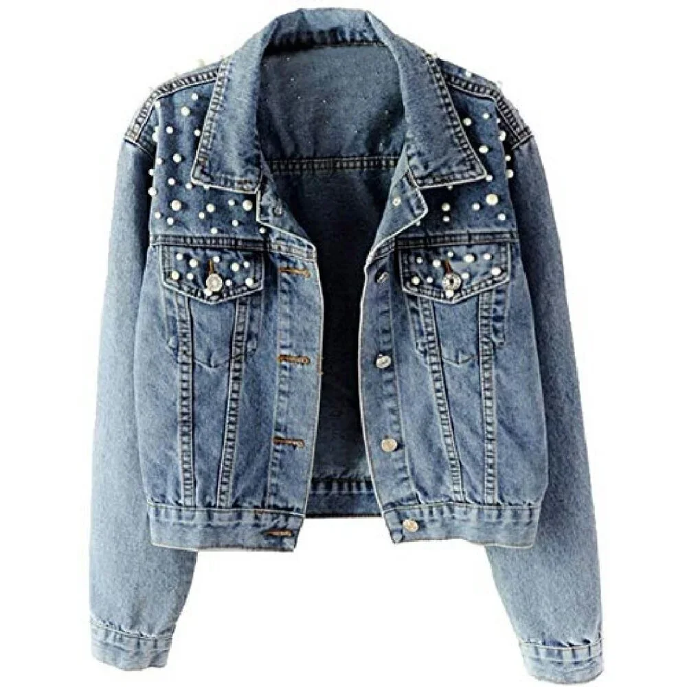 Oversized Denim Jacket with Pearl Beading, Distressed Wash, Customizable